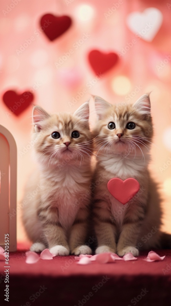 Portrait of a pair of cute cats against a Valentine's Day atmosphere background with space for text, AI generated, background image Portrait of a pair of cute cats against a Valentine's Day atmosphere background with space for text, AI generated, background image