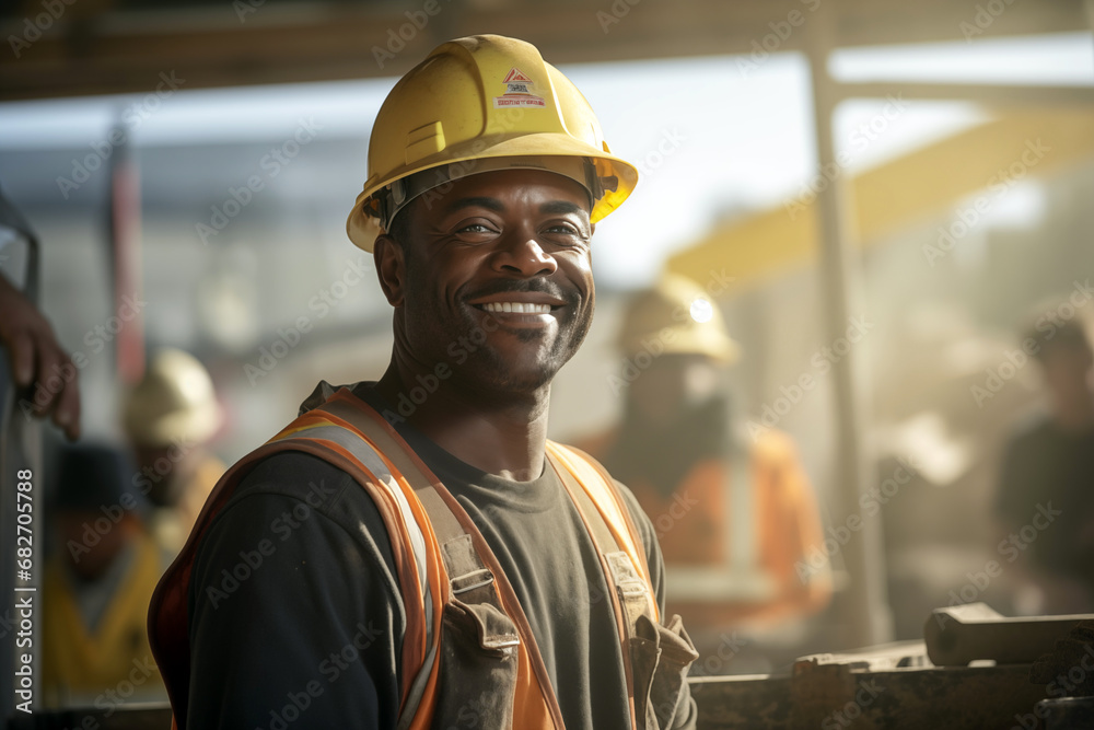 Smiling men bricklayer in work clothes on a construction site. Mason at work. Black men. African American man. Job. construction company. AI Smiling men bricklayer in work clothes on a construction site. Mason at work. Black men. African American man. Job. construction company. AI