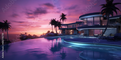 A luxury home with a modern pool and picturesque scene at sunset.