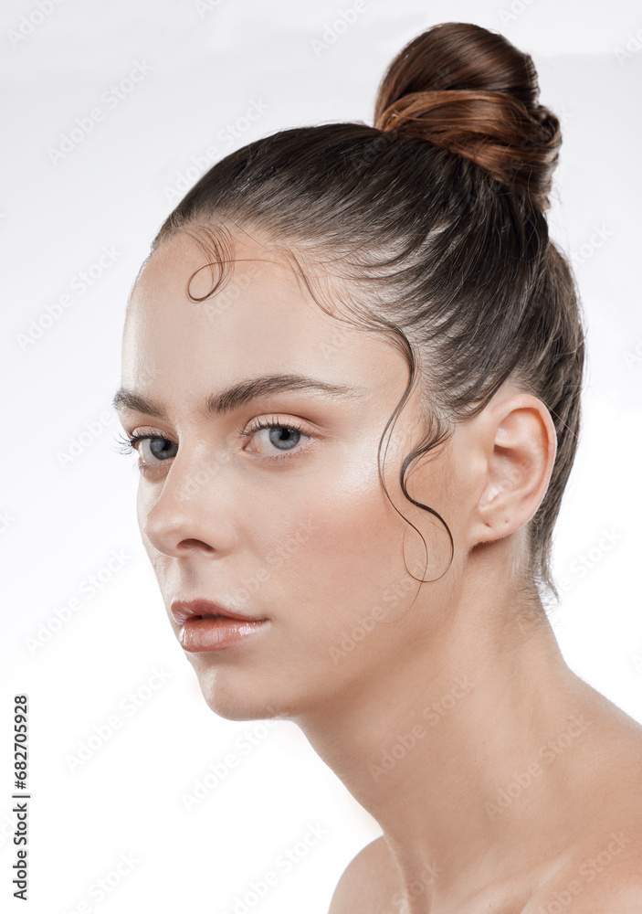 Naklejka premium Profile, woman and face for beauty in studio with skincare mockup for wellness, health or shine on white background. Female model, hair and edges with hyaluronic acid, collagen or vitamin c for glow