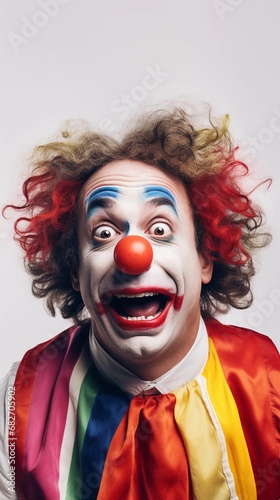 Portrait of funny clown against white background with space for text, AI generated, background image