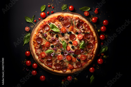 Pizza on a dark background with cherry tomatoes. Fast food