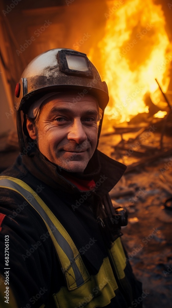 Selfie portrait of a firefighter with a burning house in the background, AI generated, background image Selfie portrait of a firefighter with a burning house in the background, AI generated, background image