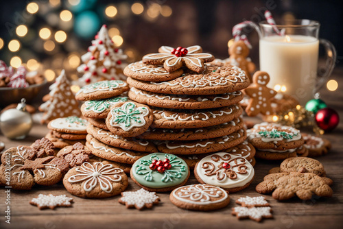 cookies for Christmas on wooden table. Classic gingerbread, all rendered in a whimsical and charming style