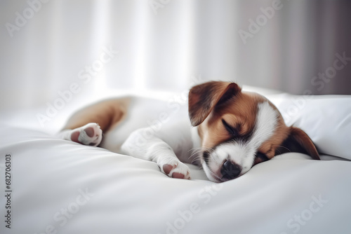 The puppy sleeps on the bed. photo