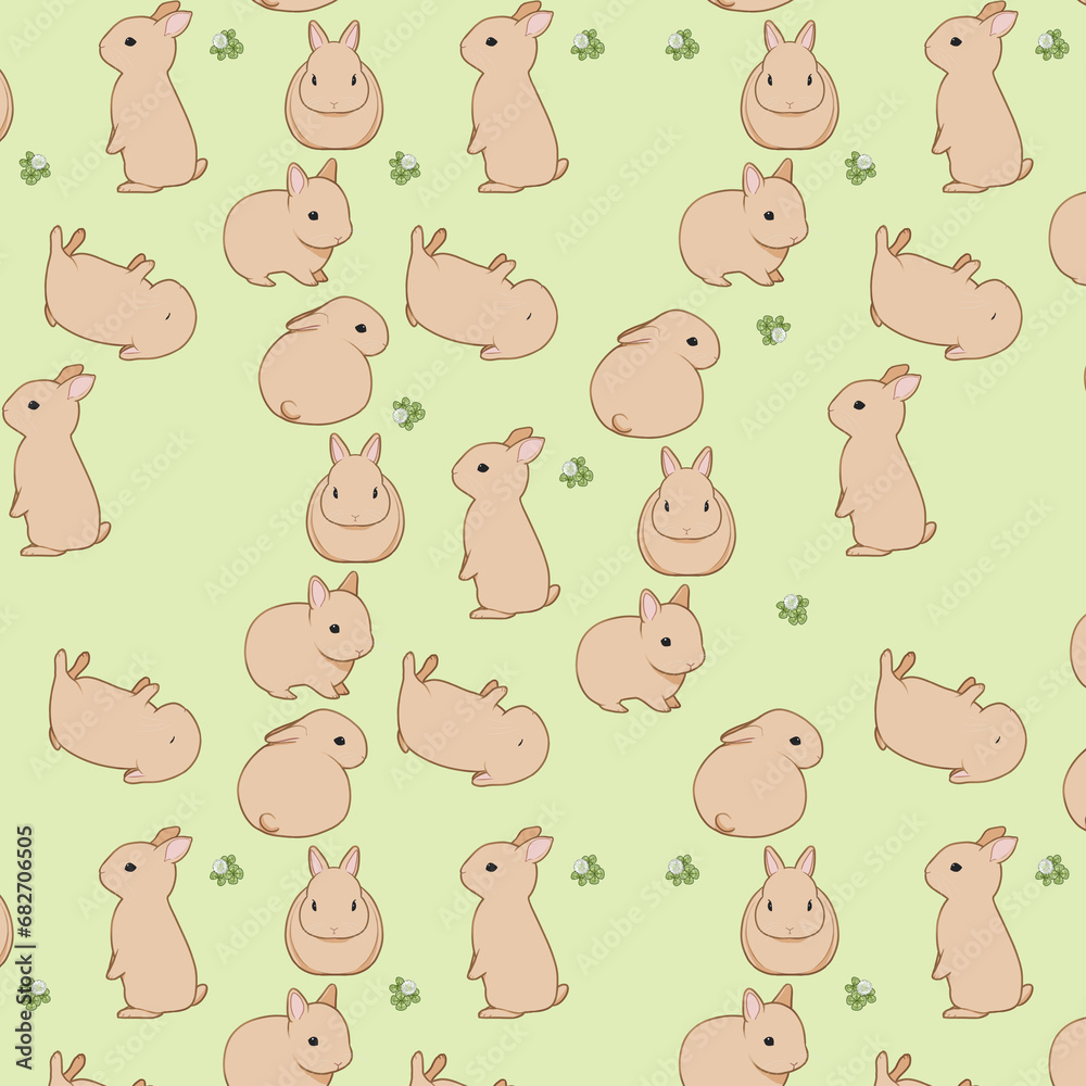 Obraz premium 茶うさぎとクローバー（黄緑色）