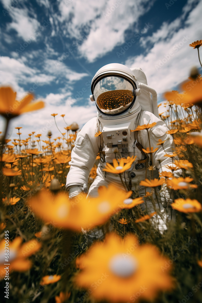 Cosmic Contrast: Astronaut in Space Suit Amidst Earthly Daisies in Flower Field