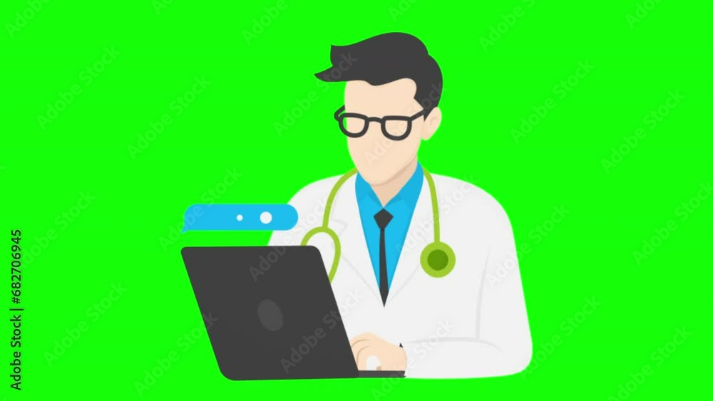 2d animation, Doctor uses laptop, on green screen 2d animation, Doctor uses laptop, on green screen
