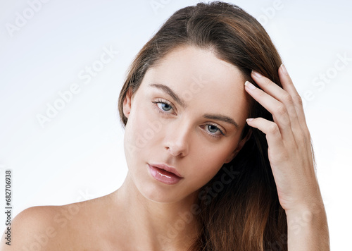 Wallpaper Mural Hair care, woman or portrait and beauty in studio with mock up, collagen treatment or brazilian for shine. Person, face or cosmetics and dermatology, keratin or natural on white background and pride Torontodigital.ca