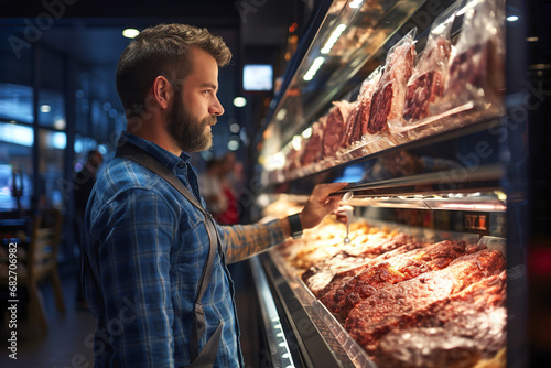 A man looking at meat in a display case in supermarket. photo