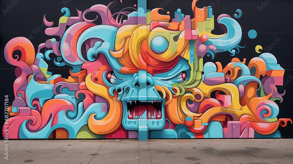 abstract artwork of a bizarre creature, in the style of playful graffiti-inspired murals