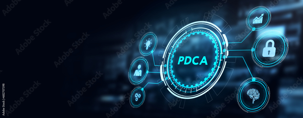 PDCA Plan Do Act Check Business technology concept. Technology, Internet and network concept. 3d illustration