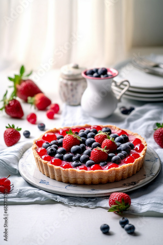 Berry Bliss: Raspberries and Blueberries Accentuate a Beautiful Tart in a Stylish White Kitchen Setting