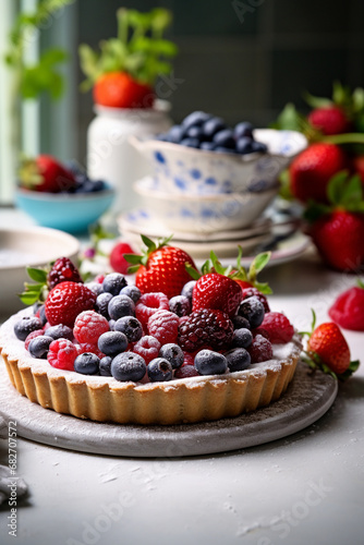 Elegant Indulgence: Berry Tart Adorned with Raspberries and Blueberries in a Contemporary White Kitchen