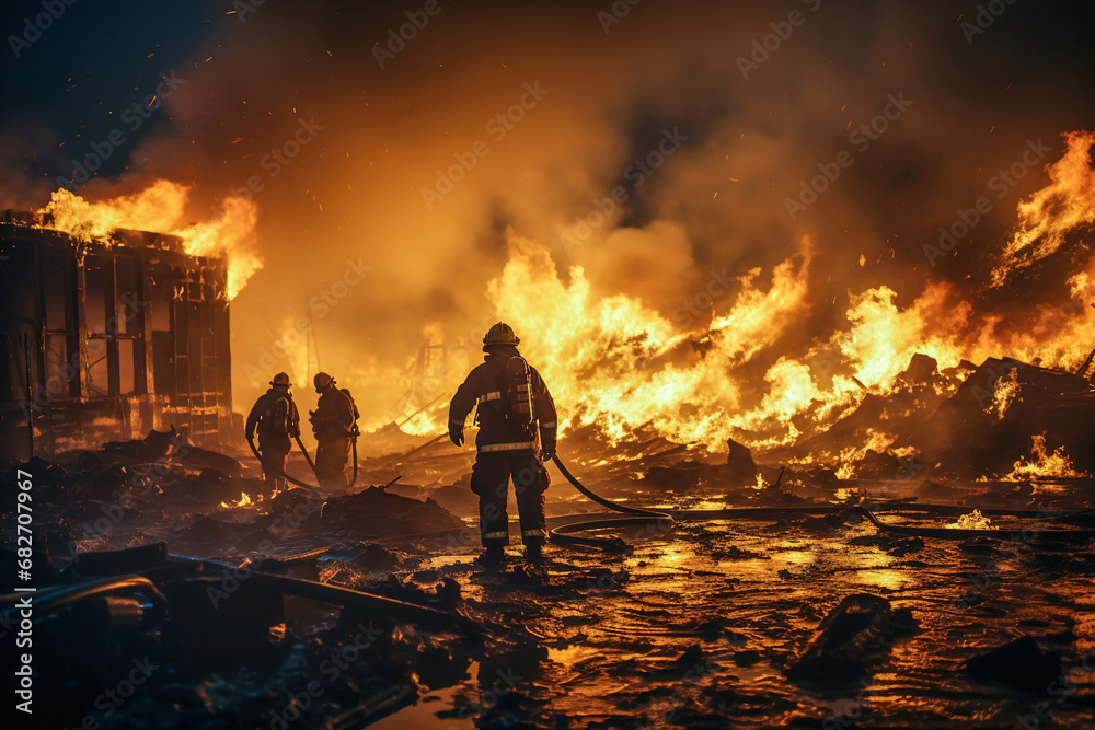 Fototapeta premium A group of firefighters standing in front of a fire.