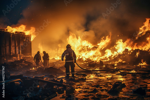 A group of firefighters standing in front of a fire. photo