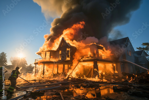 A house on fire with firemen in front of it. A burning house in flames during the day