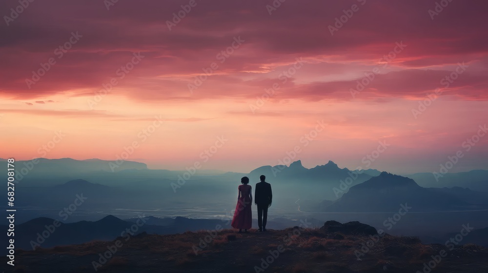 A man and a woman standing and looking at a beautiful cloudy red sky.