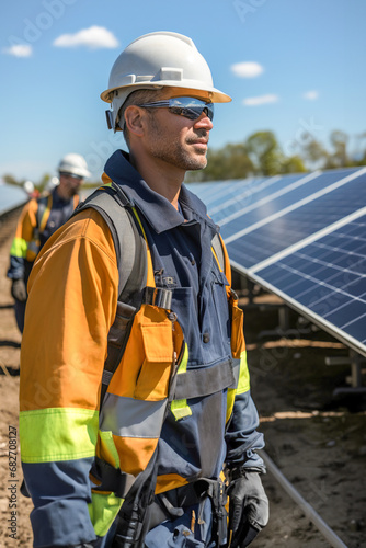 A man working on a solar panel on industrial solar park.