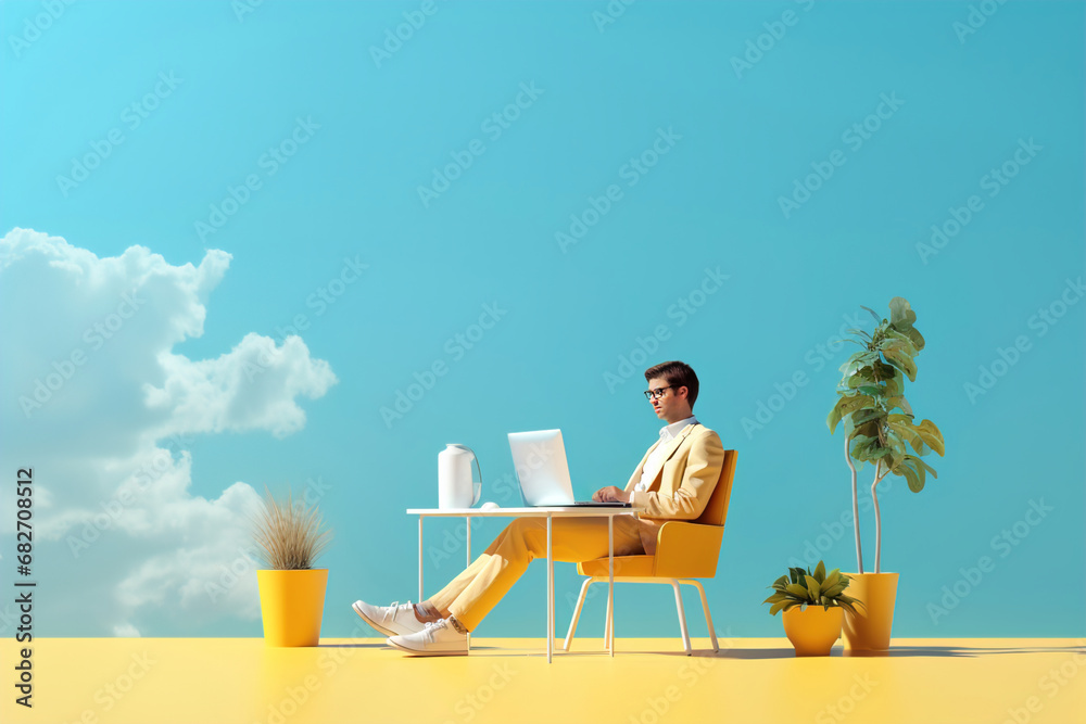 Man working on a laptop while sitting in chair. Blue and yellow minimalism.
