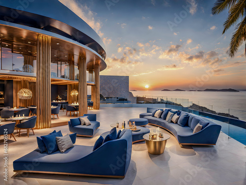 Luxury and opulence beach club / beach restaurant / beach bar in a rich futuristic retro design of the 1950s in all shades of blue with golden elements in a Mexican beachfront setting at sunset.