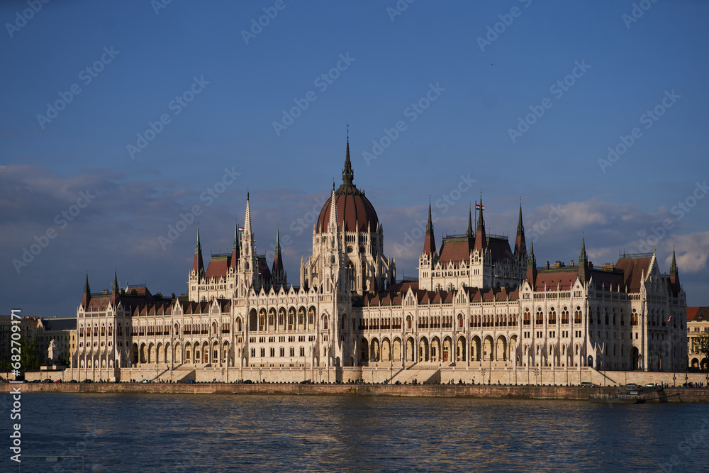 Building of Hungarian Parliament (Hungarian: Országház) at sunset. Budapest, Hungary - 7 May, 2019