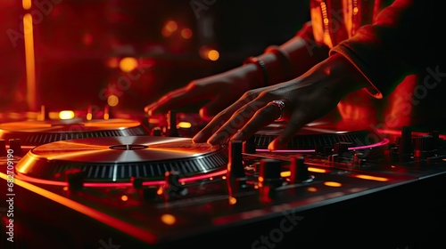 Close up view of DJ hand controls on deck at night.