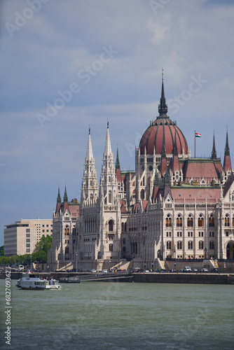 The Hungarian Parliament Building (Hungarian: Országház) on the bank of Danube river, UNESCO World Heritage Site. Budapest, Hungary - 7 May, 2019