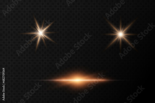 Set of realistic vector gold stars png. Set of vector suns png. Golden flares with highlights. photo
