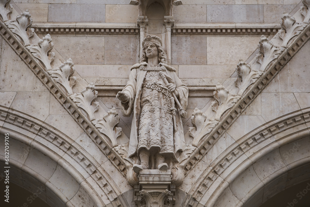 Statue of Matthias Corvinus (Hungarian: Mátyás Hunyadi), King of Hungary and Croatia on the entrance of the Hungarian Parliament Building (Hungarian: Országház). Budapest - 7 May, 2019