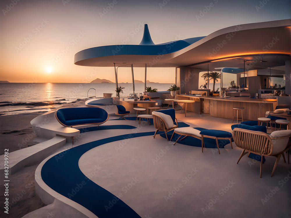 Luxury and opulence beach club / beach restaurant / beach bar in a rich futuristic retro design of the 1950s in all shades of blue with golden elements in a mediterranean beachfront setting at sunset