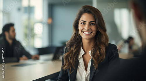 Businesswoman smiling at meeting table, listening, learning, success, happiness - Generative AI