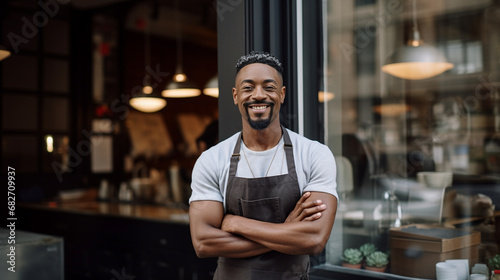 Cheerful African-American barista wearing an apron and standing at the entrance of his cafe - Generative AI photo