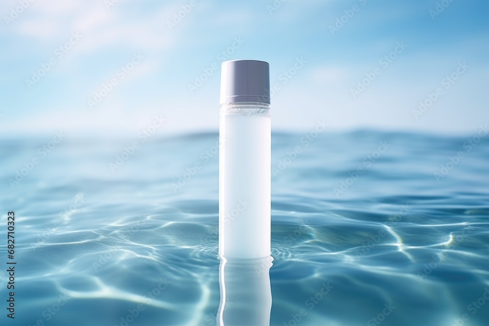 White blank cosmetic bottle tube mock up lies on the water surface White blank cosmetic bottle tube mock up lies on the water surface