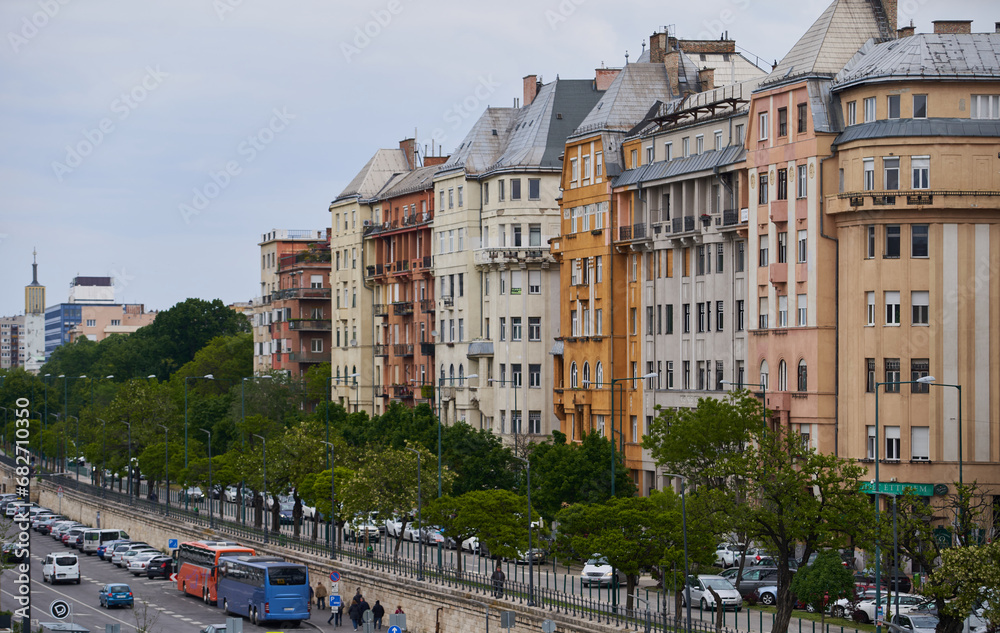 Hungarian upper class residential buildings in center of the city. Budapest, Hungary - 7 May, 2019