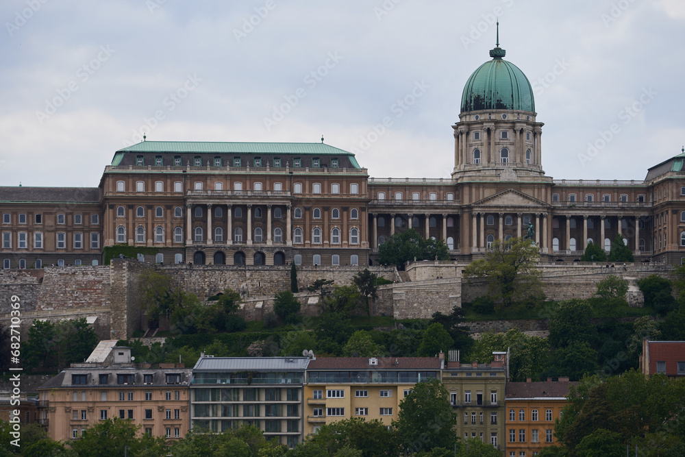 Royal Palace of Budapest (Hungarian: Budavári Palota) with green dome in historic center of the city. Budapest, Hungary - 7 May, 2019