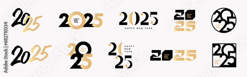 Big Set of 2025 Happy New Year logo text design. 2025 number design template. Collection of 2025 Happy New Year symbols. Vector illustration with black and gold labels isolated on white background.