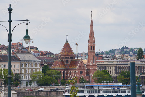 Reformed Calvinist Church (Hungarian: Szilágyi Dezső Square Reformed Church) on the waterfront of river Danube. Budapest, Hungary - 7 May, 2019