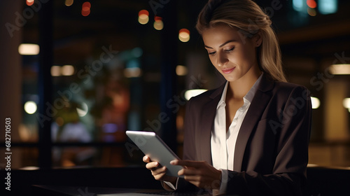 Cropped shot of a young businesswoman working late on a digital tablet in an office - Generative AI © seogi