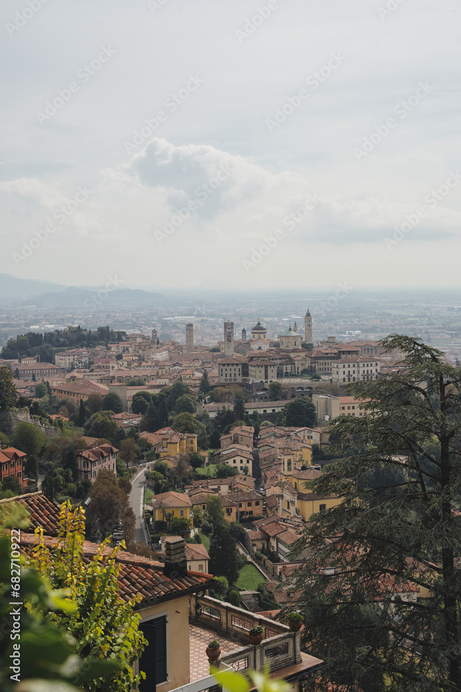 Panoramic view of the Upper Town of Bergamo with historical buildings. Lombardy, Italy.