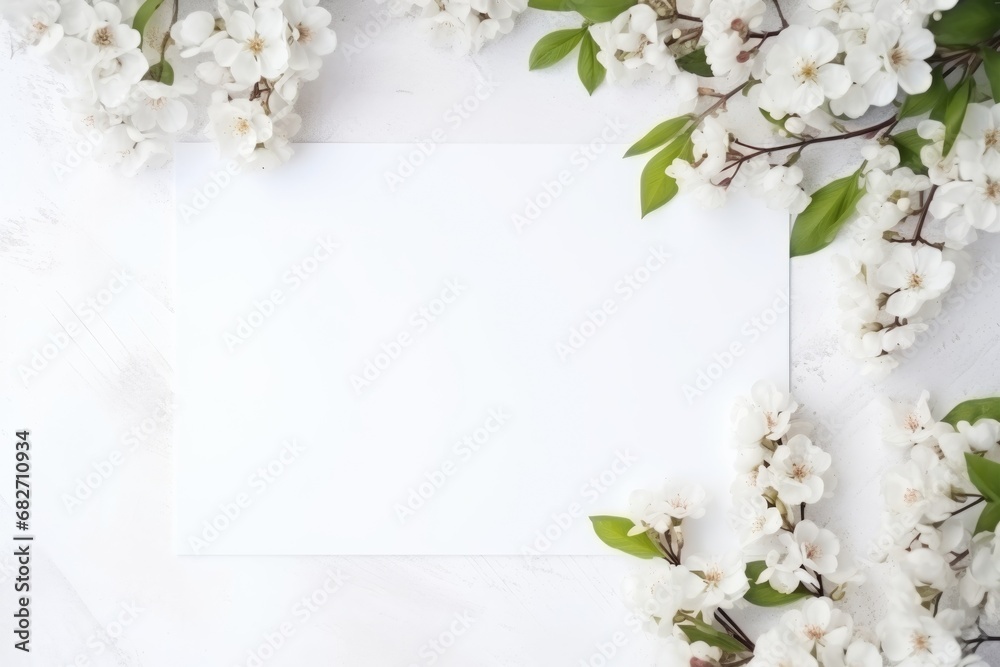 Fototapeta premium Minimal empty paper card mock up with white flowers.
