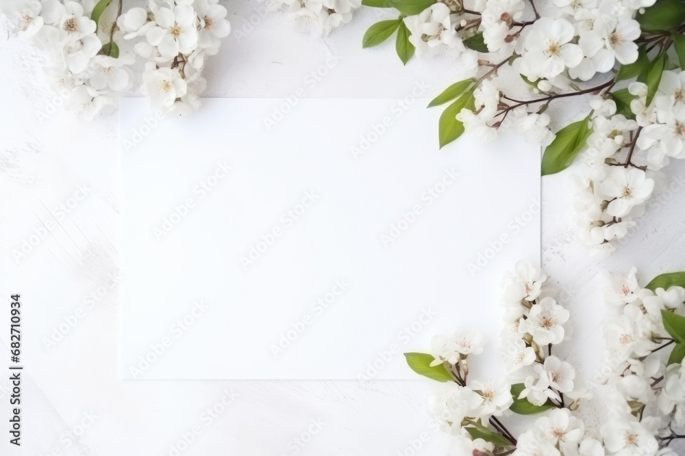 Minimal empty paper card mock up with white flowers.