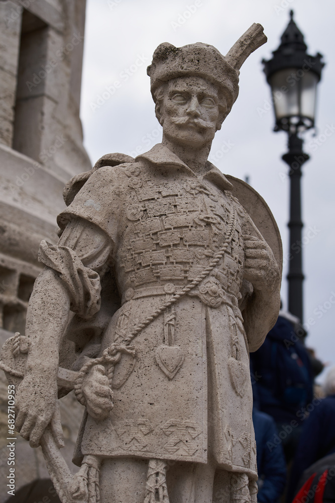 Stone statue of Hungarian warrior in a Fisherman's Bastion (Hungarian: Halászbástya). Budapest, Hungary - 7 May, 2019