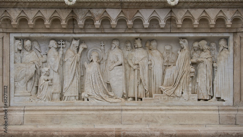 Marble stone bas relief on the statue of King Saint Stephen in Fisherman's Bastion. Budapest, Hungary - 7 May, 2019