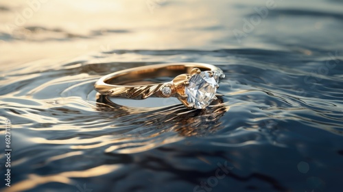 Gold diamond ring floats on the surface of the water photo