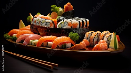 an image of a sushi boat with a variety of sushi and sashim