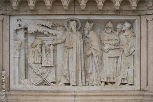 Marble stone bas relief on the statue of King Saint Stephen in Fisherman's Bastion. Budapest, Hungary - 7 May, 2019