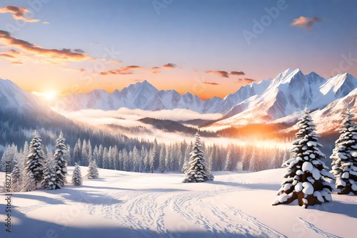 "Generate a breathtaking 3D rendering capturing the beauty of a majestic sunrise in a winter mountain landscape
