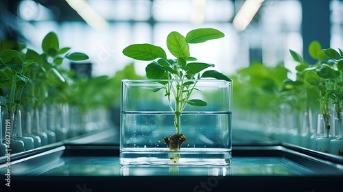 Green plant growing in pot in laboratory. Hydroponic