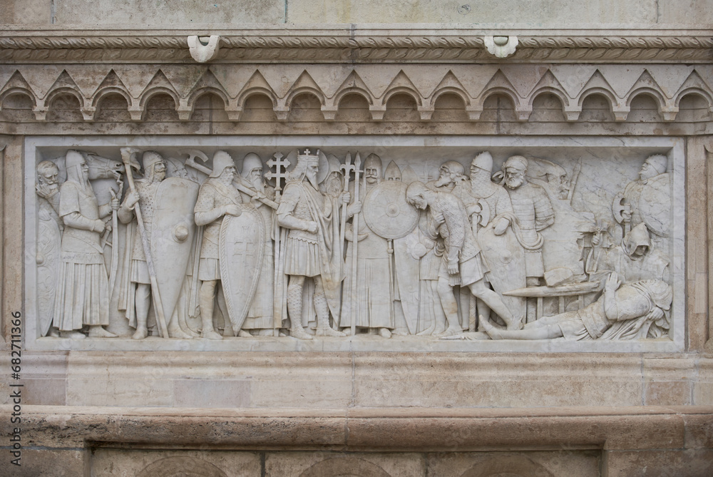 Marble stone bas relief on the statue of King Saint Stephen in Fisherman's Bastion. Budapest, Hungary - 7 May, 2019